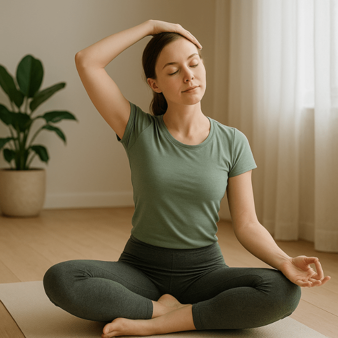 Eine Frau die sanfte Bewegung ausführt wie zb Yoga